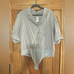 Express Gray Collared Bodysuit Button Up Business Attire Corporate Button Up